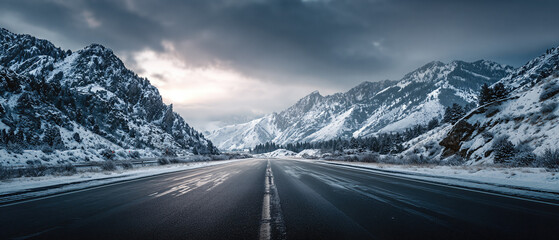 Winter road trip adventure snowy mountains landscape photography cold environment wide angle view scenic journey