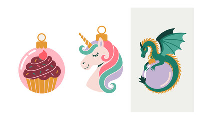 Whimsical Ornaments: Delightful Christmas ornament featuring charming illustrations of a cupcake, a unicorn and dragon, perfect for adding a touch of magic to your holiday decor.