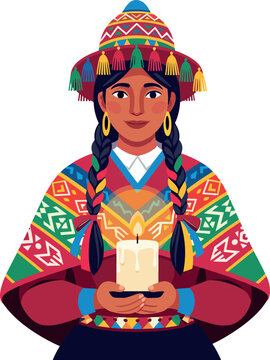Andean Woman in Traditional Attire Holds Glowing Candle