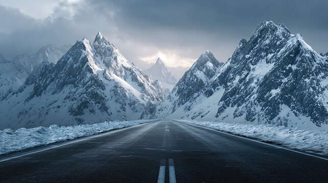 Majestic winter road trip snow-capped mountains scenic landscape overcast sky wide angle view adventure travel