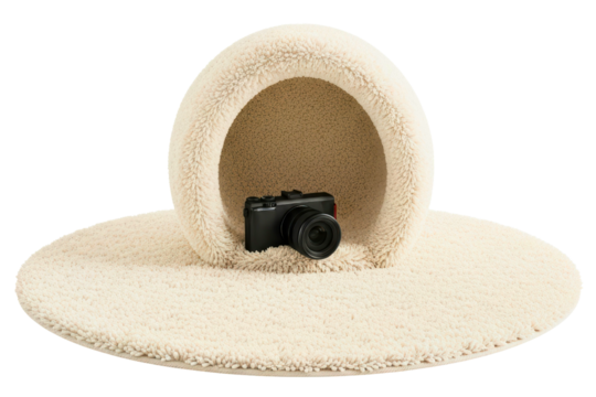 Black digital camera sitting inside a fluffy beige cat bed on a transparent background