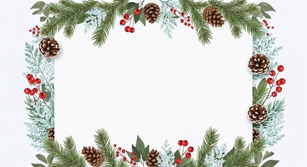 Christmas wreath with pinecones and red berries on white background  