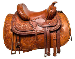  Top-Down View of Western Riding Saddle with Tooling Details, Transparent PNG