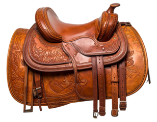  Top-Down View of Western Riding Saddle with Tooling Details, Transparent PNG