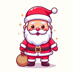 Cheerful cartoon Santa Claus in a red suit with a sack of toys for a festive Christmas design