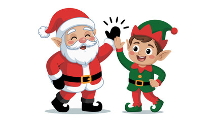 Santa and Elf High-Five: A joyful moment between Santa Claus and his elf, full of glee as they celebrate the Christmas season, illustrated in a cheerful and festive style.