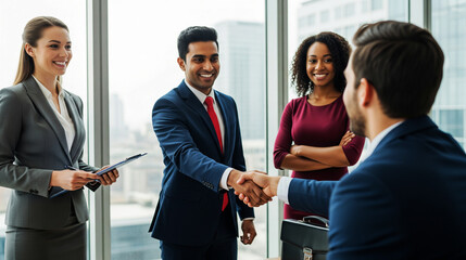 Diverse Business Professionals Shaking Hands in Modern Office Setting