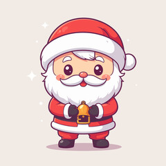 Cute kawaii chibi Santa Claus character holding a golden bell for a festive Christmas celebration