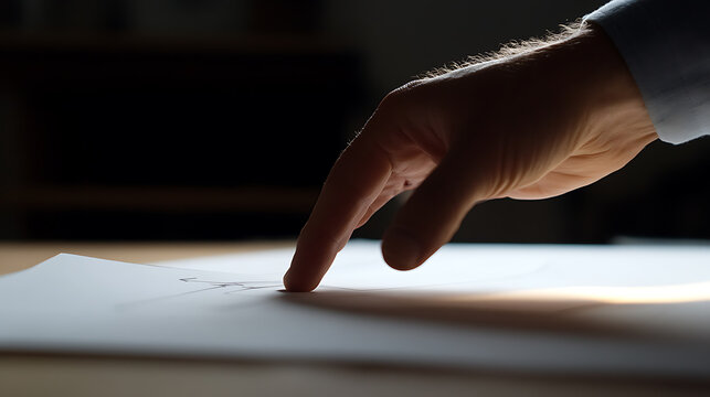 A human hand hovers over a sheet of paper, illuminated by soft, natural light. The finger is poised to touch the paper, suggesting intent, precision, and creativity.