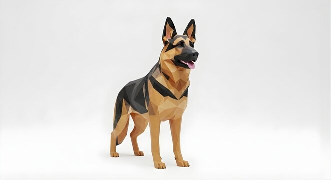 Low-Poly 3D German Shepherd on White Background &ndash; Minimalist Digital Art Illustration