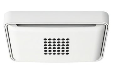 Modern white smart home smoke detector and alarm sensor on a transparent background