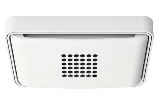 Modern white smart home smoke detector and alarm sensor on a transparent background