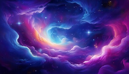 deep space nebula swirling clouds of vibrant purple and blue hues scattered stars