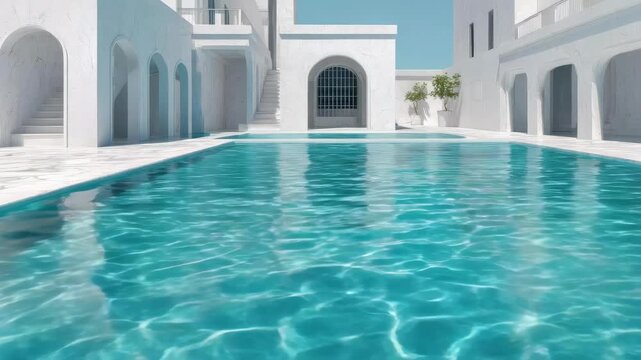 White Mediterranean-style courtyard with a turquoise rectangular pool, arches, stairs, and a bright blue sky.