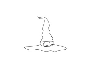 Continuous one line drawing of wizard hat. One line drawing illustration of witch hat. Halloween concept single line. Editable outline