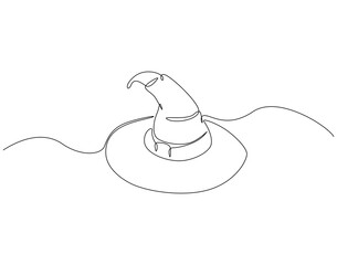 Continuous one line drawing of wizard hat. One line drawing illustration of witch hat. Halloween concept single line. Editable outline