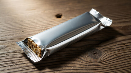 Partially unwrapped granola bar on rustic wooden table
