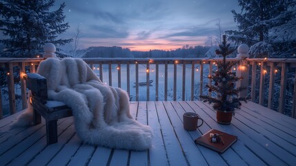 Snowy deck with chair blanket christmas tree and view of lake at sunset in winter wonderland scene