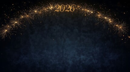 Golden fireworks arching over a dark blue background with the year two thousand twenty six at the top