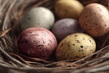 Close-up of pastel Easter eggs in nest, holiday vibe. High quality photo