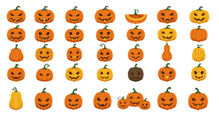 Set of various Halloween pumpkins and expressive jack-o'-lanterns illustrations for spooky season designs, autumn decor, and festive holiday graphic elements