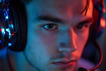  Gamer wearing headset, LED lights, focused expression, cybersport. High quality photo