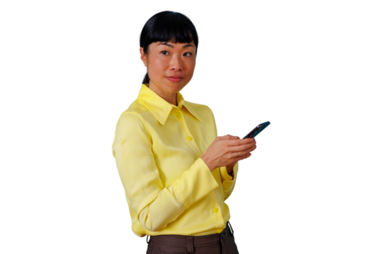 Asian executive woman communicating business messages using a mobile phone, sending texts, isolated on transparent background