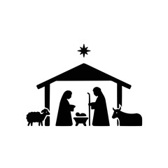 Elegant silhouette of the Nativity scene with Mary, Joseph, baby Jesus, and animals