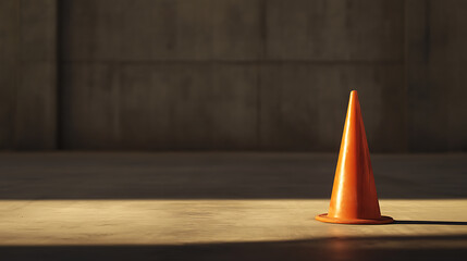 Traffic cone. A vibrant orange traffic cone casts a shadow on the concrete floor, set against a textured concrete wall. Sunlight highlights the scene, creating depth.