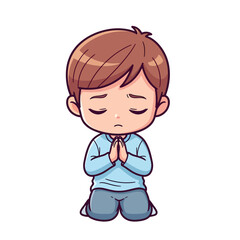 A sorrowful anime chibi boy in a blue shirt kneels with closed eyes and hands clasped together, as if in heartfelt prayer or apology