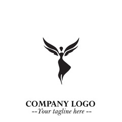 Elegant Black Angel Woman Silhouette Logo Symbol on White Background
