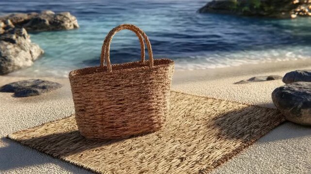 A woven straw picnic basket sits on a beach mat on the sand beside the sea.