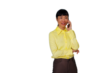 Asian businesswoman communicating by phone call, talking to client or colleague, transparent background