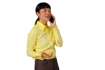 Asian businesswoman talking on smart phone, communicating and discussing, sharing ideas by mobile call, transparent background