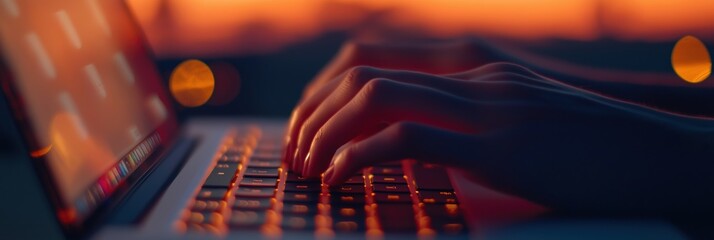 Female hands typing on laptop keyboard. Warm, orange light of sunset, creating focused atmosphere