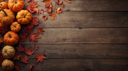 Pumpkins and autumn leaves arranged on a rustic wooden surface creating a fall themed composition
