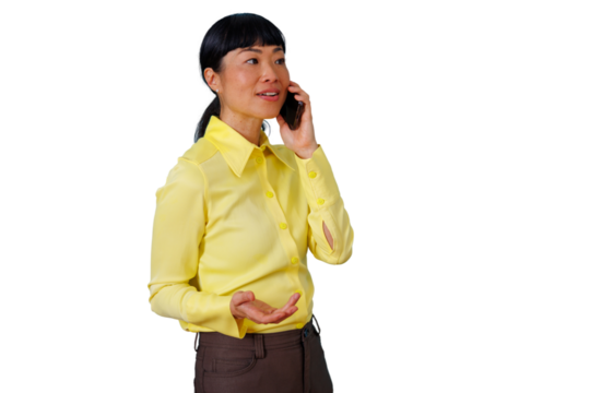 Asian businesswoman talking on smart phone, communicating and discussing, sharing ideas by mobile call, transparent background