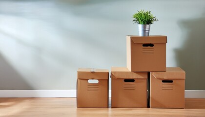 stacked cardboard boxes with a small plant