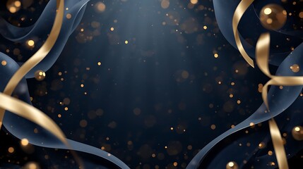 Elegant dark blue backdrop with flowing ribbons and golden orbs creating a festive atmosphere