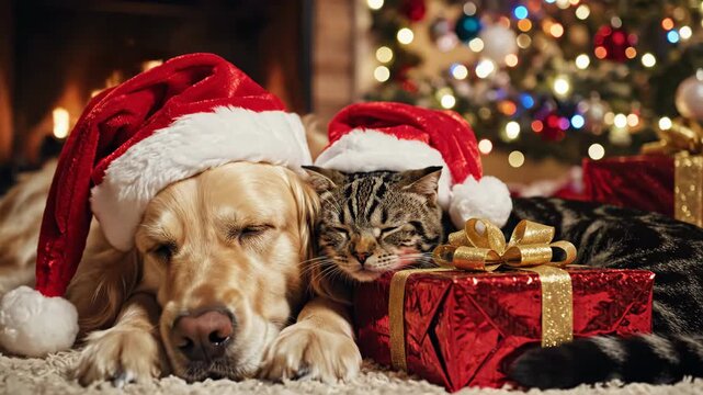 Adorable dog and cat friends celebrate Christmas wearing Santa hats by a warm fireplace with festive gifts and a decorated tree