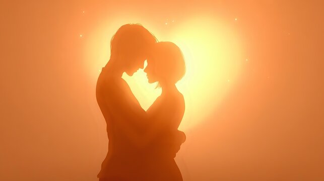 Silhouette of a romantic couple embracing backlit by a heart-shaped light symbolizing love and connection perfect for Valentines Day or wedding th