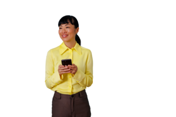Asian woman smiling, looking away while using smartphone for communication and technology on transparent background