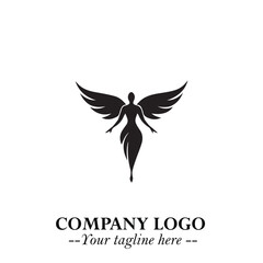 Elegant Black Angel Woman Silhouette Logo Symbol on White Background
