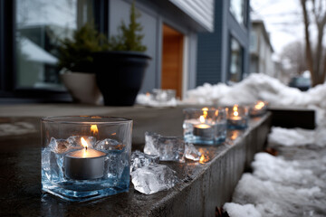 Warm flames of candles flicker amid ice and snow on outdoor steps, merging the cozy ambiance with the stark elements of winter, inviting warmth against the cold.
