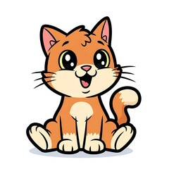 Adorable cartoon orange kitten sitting with big eyes and happy expression isolated on white background