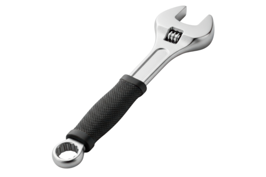 Steel adjustable wrench with a soft grip and combination end on a transparent background