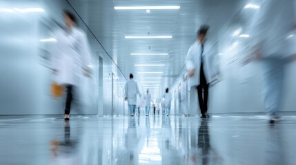 Busy hospital corridor with blurred medical professionals walking