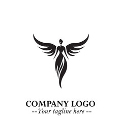 Elegant Black Angel Woman Silhouette Logo Symbol on White Background