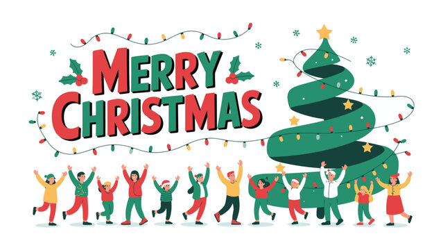 Christmas Joy: A vibrant illustration of a lively Christmas scene featuring a festive message above a joyous crowd celebrating the holiday spirit near a decorated Christmas tree.