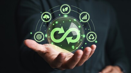 Sustainable business solutions held in hand offer eco friendly energy and recycling for a better future, driving growth with renewable resources today